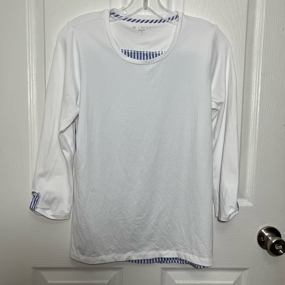 E.L.I. White and Blue Striped 3/4 sleeve Pima Cotton Crew neck top | size small